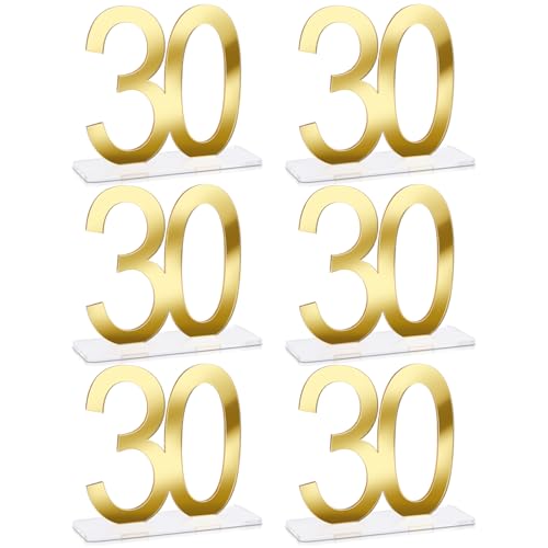 Image of Threehoney 6 Pcs Mirror Gold 30th Birthday Decorations for Men and Women Acrylic Anniversary Decorations Table Numbers Centerpieces for Birthday Party