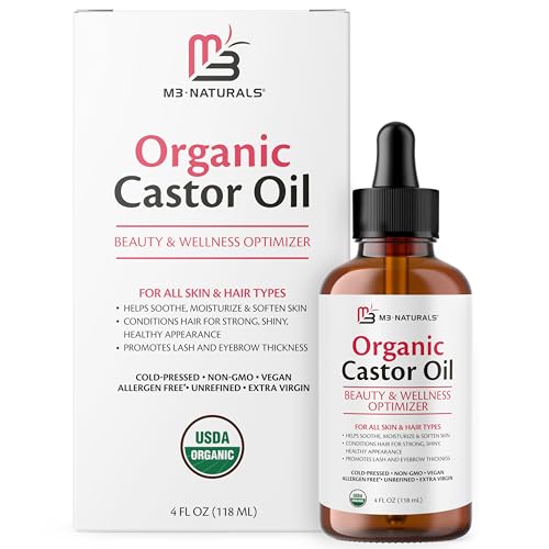 Image of 100% Pure Organic Castor Oil for Hair, Lash and Eyebrow Growth, Lymphatic Drainage and Skin Hydration | Hexane-Free, Cold Pressed, Unrefined in a 4 fl oz Glass Bottle with Dropper by M3