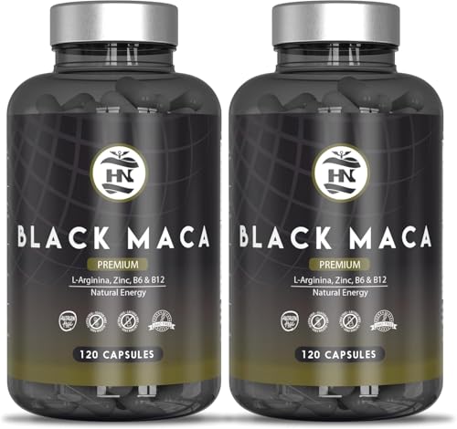 Maca Negra Andina Peruana con L arginina 24000 mg Altamente Concentrada 20:1 para máxima energía y rendimiento, Vitaminas B6 y B12 contra cansancio y fatiga Maka para hombres y mujeres (120x2 botes)