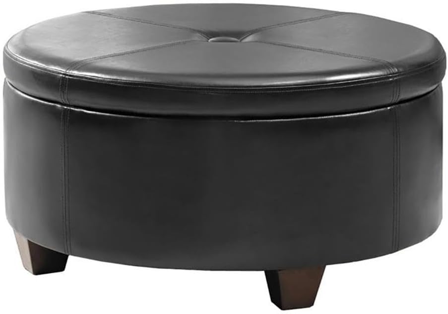 Pemberly Row Large Storage Ottoman, Faux Leather, Black Finish, 31.75 in Round Button-Tufted Top, Lift-Off Lid with Storage Space, Wood Legs for Living Room, Bedroom, or Coffee Table Use