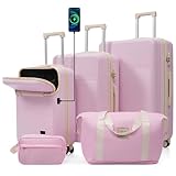 Merax Luggage Sets 5 Piece,Front Half-open Hardshell Expandable Suitcase with Spinner Wheels and Duffel Bags,Lightweight Carry on Luggage with USB Port,20/24/28IN,Light Pink