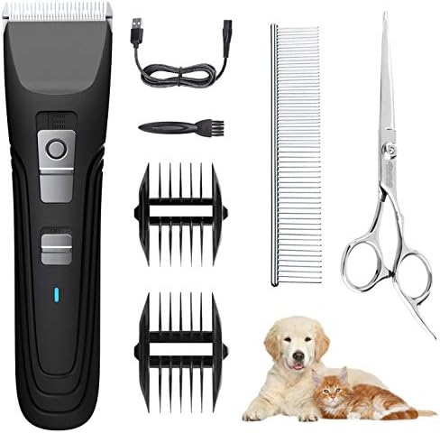 Dog Grooming Clippers Low Noise Dog Hair Clippers Cordless Rechargeable Dog Hair Trimmer Pet Grooming Kit with 4 Length Guard Combs + Pro Accessories Silent Electric Hair Clipper for Animal- Black
