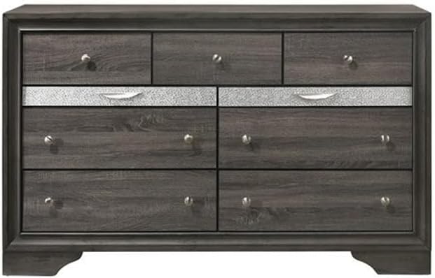 BOWERY HILL Contemporary 9 Drawer Dresser, Gray Finish, 39" H x 63" W x 17" D, Horizontal Design with Jewelry Trays, Sparkling Acrylic Trim, Metal Glides, Bedroom Storage Furniture