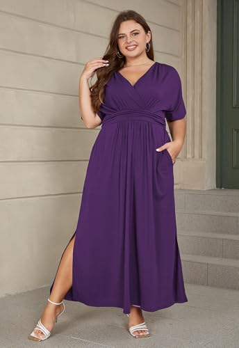 Image of Keluummi Plus Size Maxi Dress for Women Floral Empire Waist V-Neck 3 /4 Sleeve with Pockets