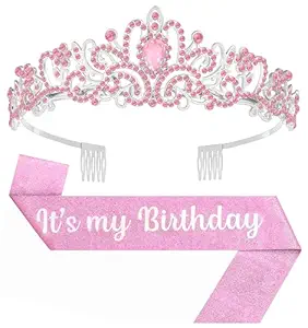 Birthday Tiara and Crown with Sash, Birthday Tiara for Women Party (Pink)