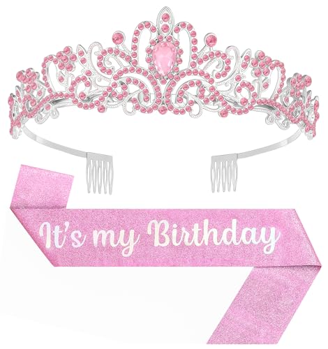 Birthday Tiara and Crown with Sash, Birthday Tiara for Women Party (Pink)