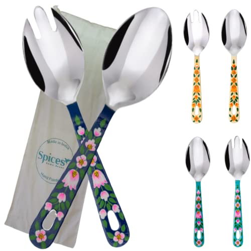 Hand Painted Serving Spoon And Fork – Large Stainless Steel Salad Servers. Floral Colorful Kashmiri Art - Practical Decorative And Durable, Set Of 2 With 10 Inch Handles In Cotton Bag (Blue) #TOP8