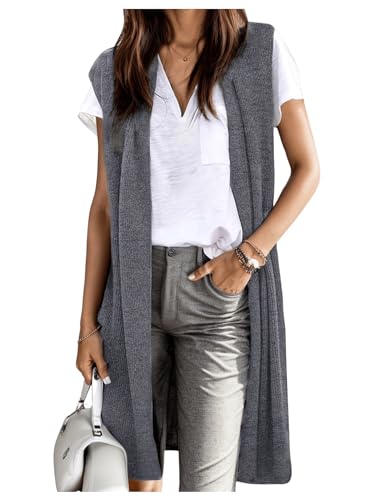 Verdusa Women's Sleeveless Knitted Long Cardigans Open Front Spring Fall Outerwear Business Casual Outfits