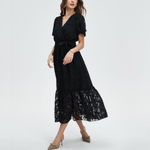 Image of Women's Summer Bohemian Floral Chiffon Dress Cap Sleeve V Neck Ruffle Long Flowy Boho Casual Vacation Dresses