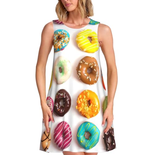 Robe d'été sans manches imprimé beignets avec poches pratiques