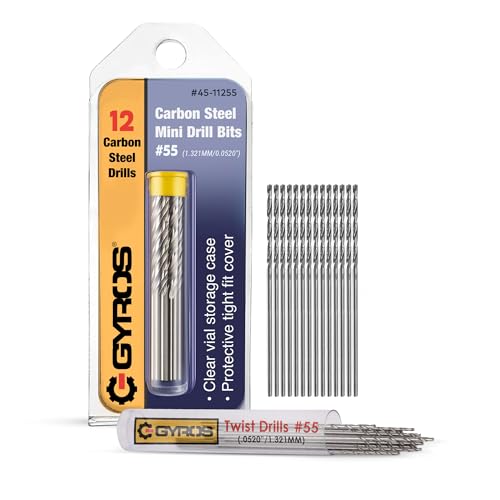 GYROS 12 PCS #55 Micro Drill Bit Set – Small Drill Bits for Jewelry, Plastic, Resin, & Soft Metal – Carbon Steel Wire Gauge Mini Twist Drill Bit Set for Pin Vise Hand Drill & Rotary Tool