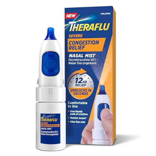 Theraflu Severe Congestion Relief Nasal Mist Oxymetazoline HCI 0.05% Nasal Decongestant 12-Hour Cold and Allergy Relief Congestion Relief Ultra-Fine Mist 0.34 fl oz