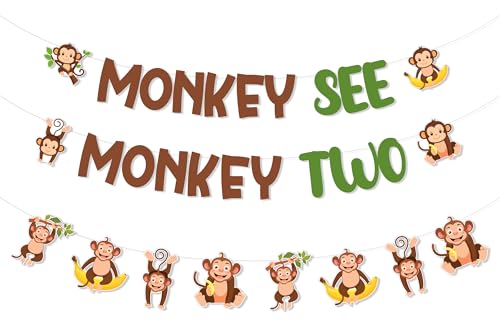 Fangleland 2nd Birthday Decorations for Boys and Girls, Monkey See Monkey Two Banner and Garland for Woodland Animals Theme Two Years Old Birthday Party Supplies