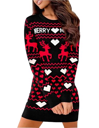Uniexcosm Strickkleid Damen Weihnachten Modischer Strickpullover Langarm Rundhals Weihnachts Pulloverkleid mit Rentier Minikleid Weihnachtskleid für...