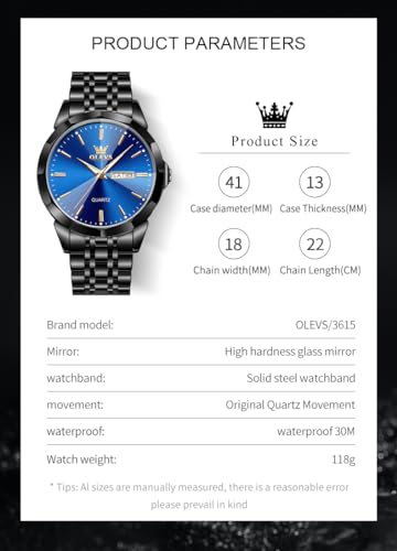OLEVS Men's Watch Luxury Business Dress Watch UK Diamond Design Quartz Stainless Steel Waterproof Luminous Week Calendar Gift