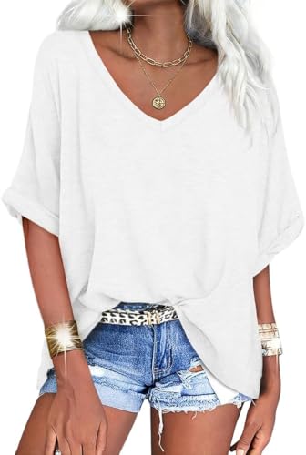 Image of UNCLECAT Womens V Neck Oversized T-Shirts Summer Short Sleeve Loose Tops