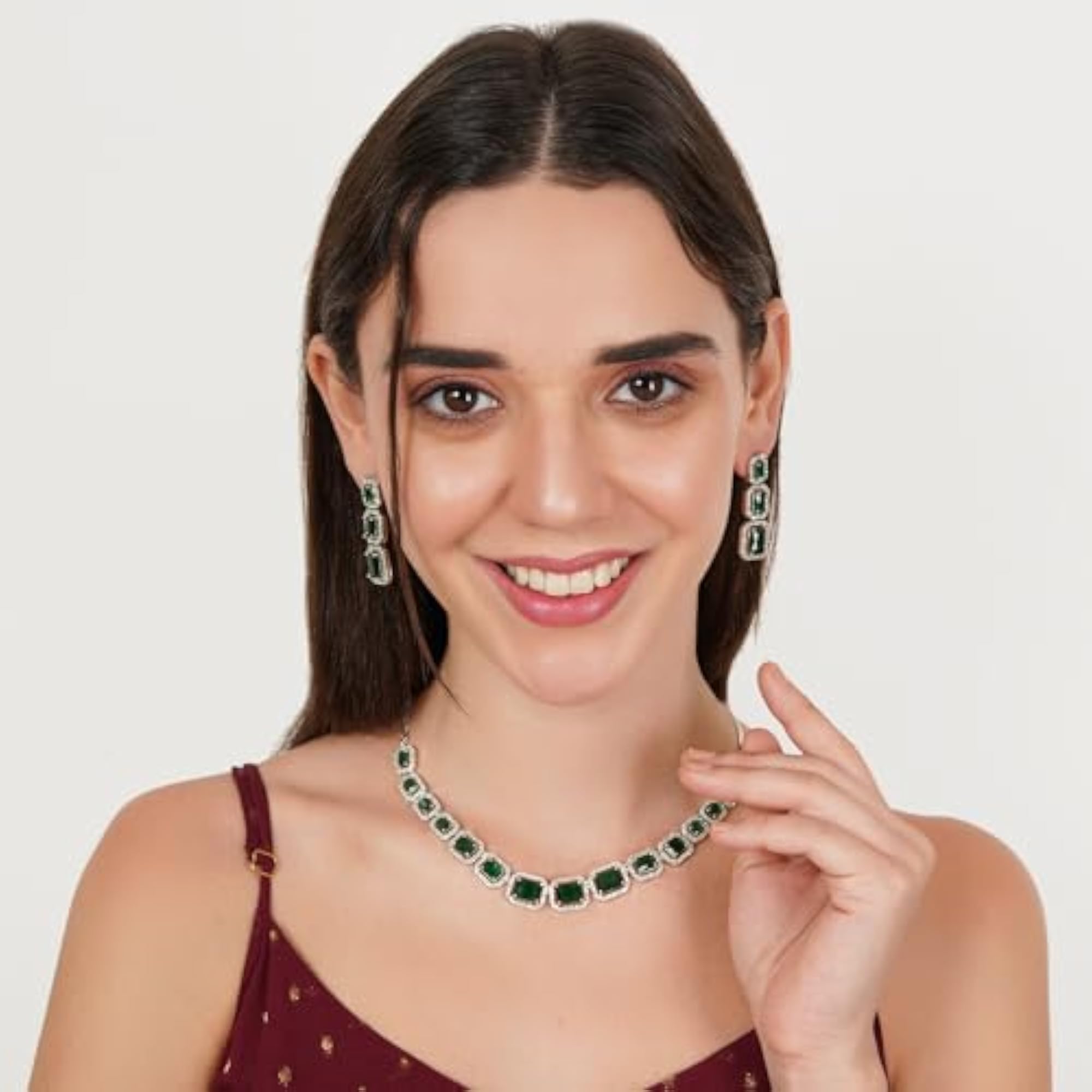 Green American Diamond Necklace Set with Earrings, Stylish Gift