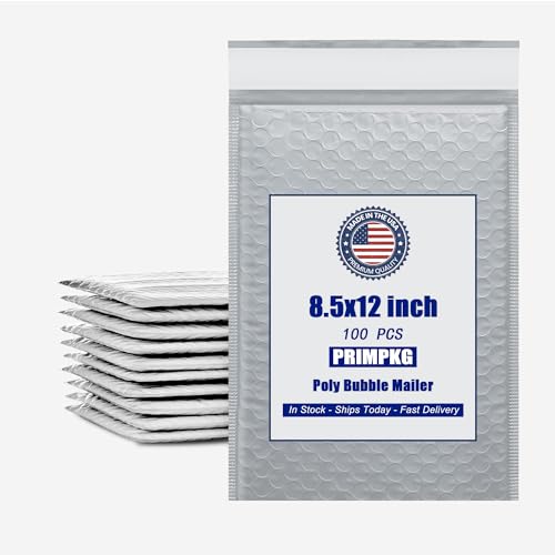 PRIMPKG 8.5in x 11in Bubble Mailer, Gray Poly Mailer, Padded Envelope, Shipping Envelope, Waterproof, Self-Sealing, For Small Business, Shipping, Mailing, Boutique Packaging(100PCS)