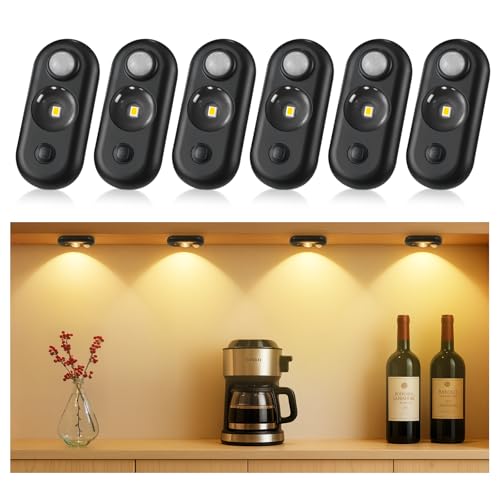 Image of LED Motion Sensor Puck Lights, Small Rechargeable Under Cabinet Light, Dimmable Warm White Closet Lights, Wireless Under Cabinet Lighting for Drawer, Kitchen (6 Pack)
