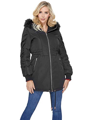 GUESS Factory Women's Rokky Essential Front Zipper Midi Bubble Puffer Jacket With Removable Faux-Fur Hood Trimming | Black