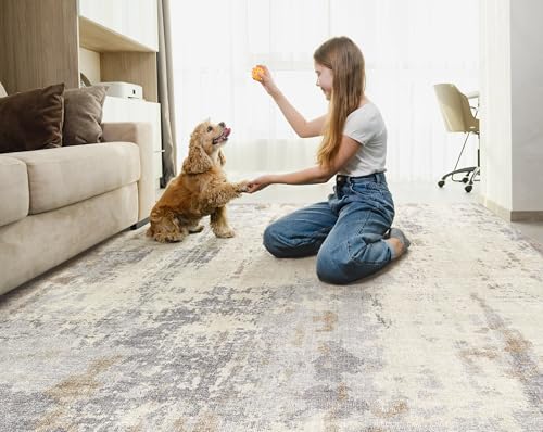 10x12 Area Rug Living Room Rugs - Washable Neutral Modern Abstract Soft Thin Rug Indoor Floor No Slip Rug Carpet for Bedroom Under Dining Table Home Office Decor - Light Brown/Gray
