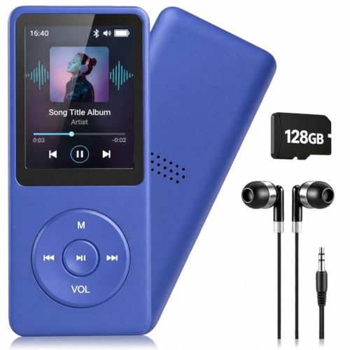 Image of BIGASUO 128GB Mini MP3 Music Player with Bluetooth 5.4 & Voice Control Earphones, Video Playback,Pocket-Sized MP3 Player for Music,Voice Recording,FM Radio, Blue