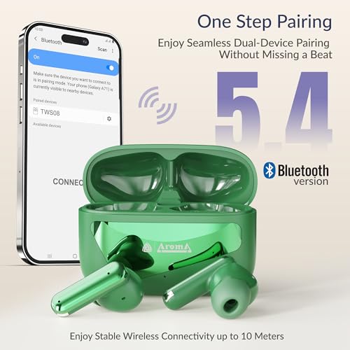Image of AROMA TWS8 Harmony V5.4 True Wireless Earbuds - Chrome Green | Up to 60H Playtime, ENC, Fast Charging, Heavy Bass, Bluetooth
