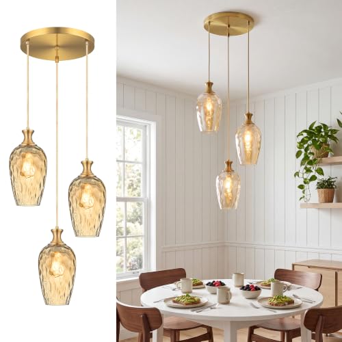 SADUENFR 3-Light Cluster Pendant Lighting, Vintage Gold Glass Chandelier