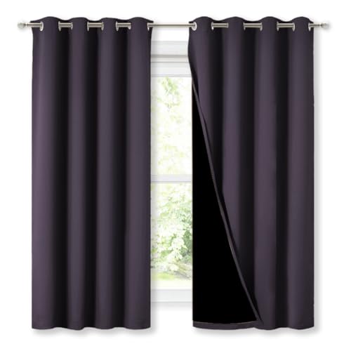 Image of NICETOWN Extra Long Truly Blackout Drapes for Hall and Villa, 46 inch Width Each Panel, 45 inch Length, Greyish Purple, 2 Pieces, 100% Blackout Window Curtain Panels with Black Lined for Night Shift Worker