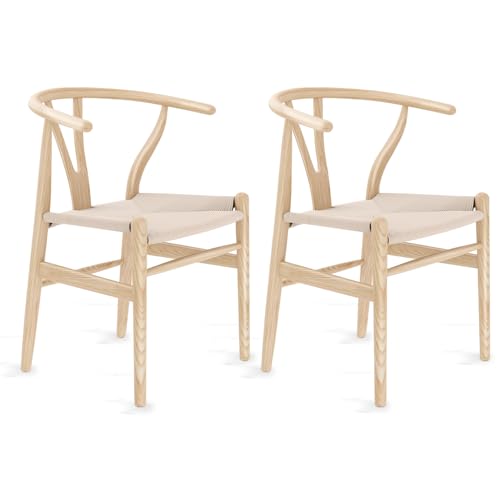 Polynices Wishbone Chair Weave Modern Solid Wood Mid-Century Y Shaped Backrest Dining Chair (Natural Set of 2)