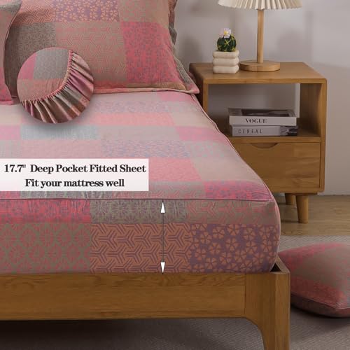 Image of FADFAY Queen Sheets Set 100% Cotton Washed Double Gauze Muslin Bedding 4Pcs Boho Patchwork Checkered Floral Sheets Shabby Geometry Farmhouse Bedding Super Soft Deep Pocket Fitted Sheet, Queen Size