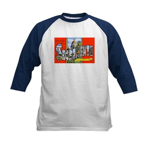 CafePress Sacramento California Greetings (Front) Kids Baseb Kids Cotton Baseball Jersey, 3/4 Raglan Sleeve Shirt Navy/White