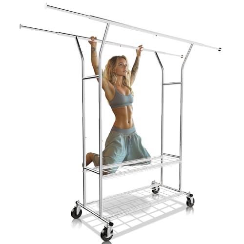 FAHKNS Perchero de alta resistencia, estante rodante para ropa con polea gruesa, carga de 600 libras, doble barra para colgar ropa, estante portátil y ajustable con doble estante