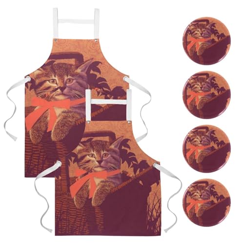 Tablier de cuisine avec 4 broches ajustables motif multicolore chat rouge lot de 2