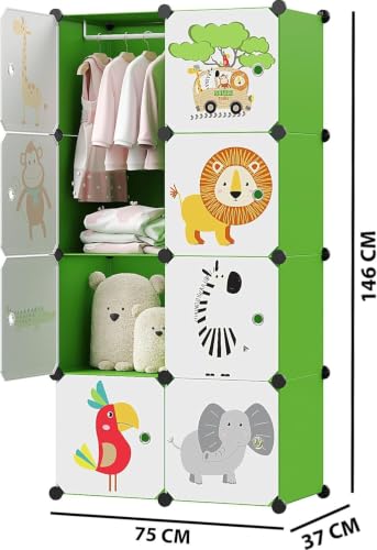 Image of 8 Door Foldable Plastic Wardrobe for Clothes Baby Cupboard for Clothes Storage, Wardrobe for Kids, Plastic Almirah, Collapsible Wardrobe for Living Room (Green-HI, 8-Door)