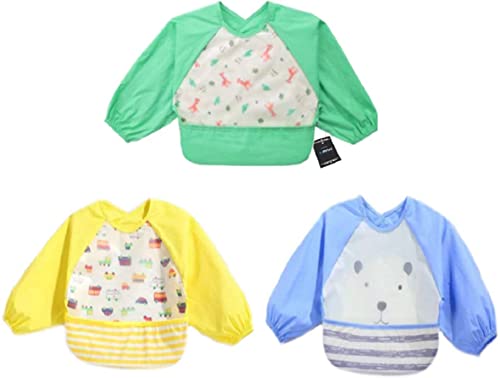 【B-TOPAZ】ベビースタイ 赤ちゃん お食事 キャッチポケット付き 長袖エプロン 3枚セット 防水エプロン ハンカチセット 保育園 幼稚園用 (男の子)