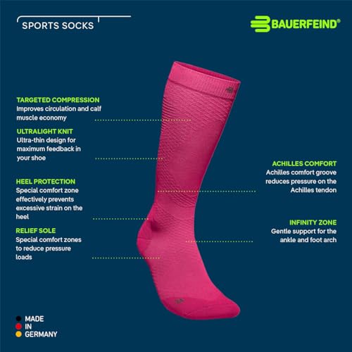 Bauerfeind Run Ultralight Socks - Targeted Compression Zones - Achilles Tendon Relief - Increased Ankle Stability - Comfortable for Running, Walking & Sports - Womens, Berry, Large, Shoe Size 4.5-6.52