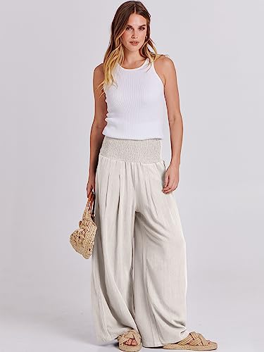 Image of ANRABESS Women Linen Palazzo Pants Summer Boho Wide Leg High Waist Casual Lounge Pant 2026 Beach Travel Vacation Outfits