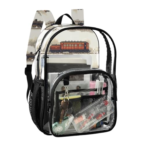 Kids PVC Clear Backpack Steam Train Red Black Heavy Duty Multi-pockets Large Capacity Transparent See Through Bookbag for School Travel Sport Work2