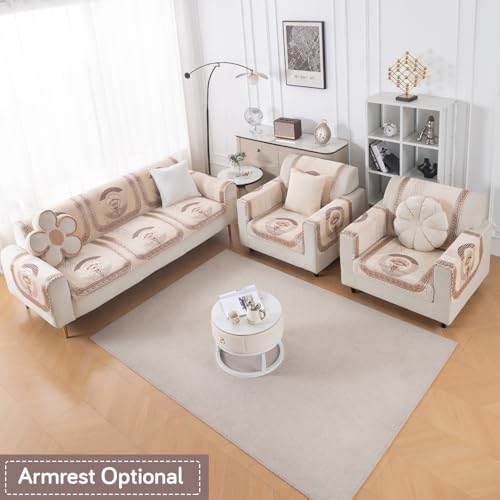Image of HOKIPO Noor Beige Premium Chenille Jacquard Sofa Cover 5 Seater Set - Washable 3+1+1 Sofa Cover for Seat & Back | 'Royal Aangan Series' (IN-1008-L4*2 + IN-1006-L4*4)