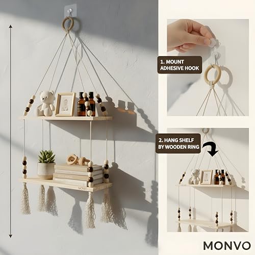 Image of 2-Tier Hanging Shelf with Wall Hook, Use Decor Plants, Books, Decorative Gift Items Nursery Livingroom Wooden Beads & Ring, Tassels Woven Bohemian