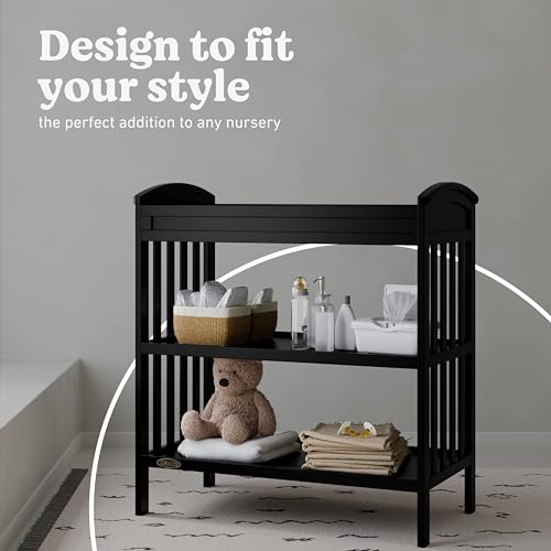 Image of Graco Benton Changing Table with Bonus Water-Resistant Changing Pad (Black) - GREENGUARD Gold Certified, Includes Diaper Change Pad with Safety Strap, 2 Open Storage Shelves for Organizing