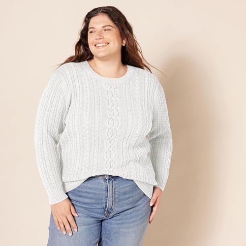 Image of Amazon Essentials Women's Regular Fit Soft Cotton Cable Knit Ribbed Crewneck Sweater (Available in Plus Size)