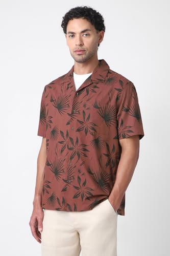 Image of Peter England Men's Cotton Blend Classic Fit Floral Print Casual Shirt | Cuban Collar, Half Sleeves | Casual Wear