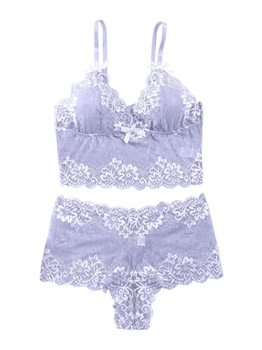 Image of Lilosy Sexy Lingerie for Women Lace Pajamas Set Cami Bra and Panty High Waist Sheer Sleepwear 2 Piece 2XS-6XL