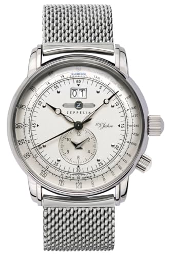 Zeppelin 100 Jahre Herrenuhr 7640M-1 – Made in Germany – Edelstahl silberfarben – Big Date – Zweite Zeitzone – Milanaiseband silberfarben – 42 mm