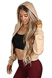 mymixtrendz Women Zipper Crop Hooded Hoodie Long Sleeve Top Sweatshirts Gym Workout Ladies Casual Shirt Hooded Zip Crop Tops (Beige, numeric_12) - Image 3