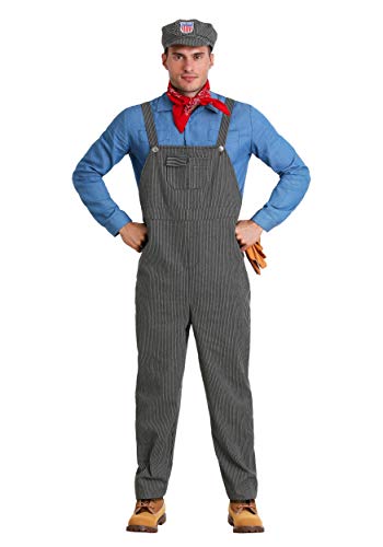 Fun Costumes Mens Train Conductor Engineer Halloween Costume | Adult Complete Outfit with Striped Overalls Shirt Hat & Bandana Large