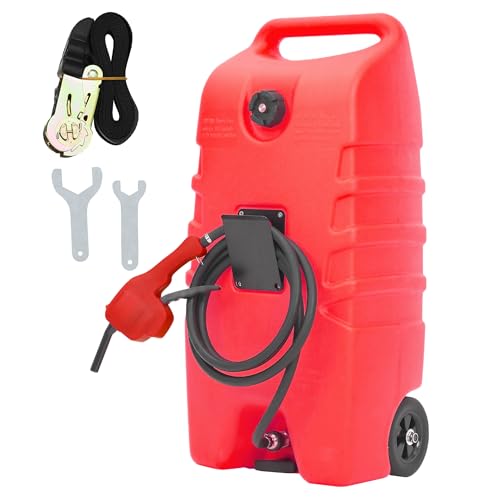 Garvee 14 gal Portable Fuel Tank, Red Fuel Storage Container with Manual Siphon Pump & 10 ft Hose, Gasoline Diesel Caddy with Wheels, Fuel Transfer Tank for Car, ATV, Boat, Lawn Mower, Generator