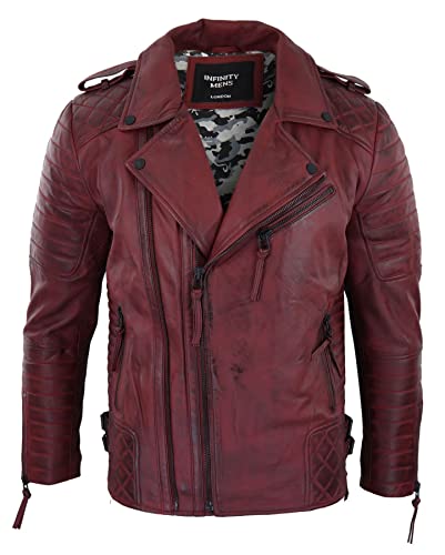 TruClothing Mens Biker Jacket Cross Zip Black Wine Retro Vintage Tailored Fit Rock Punk